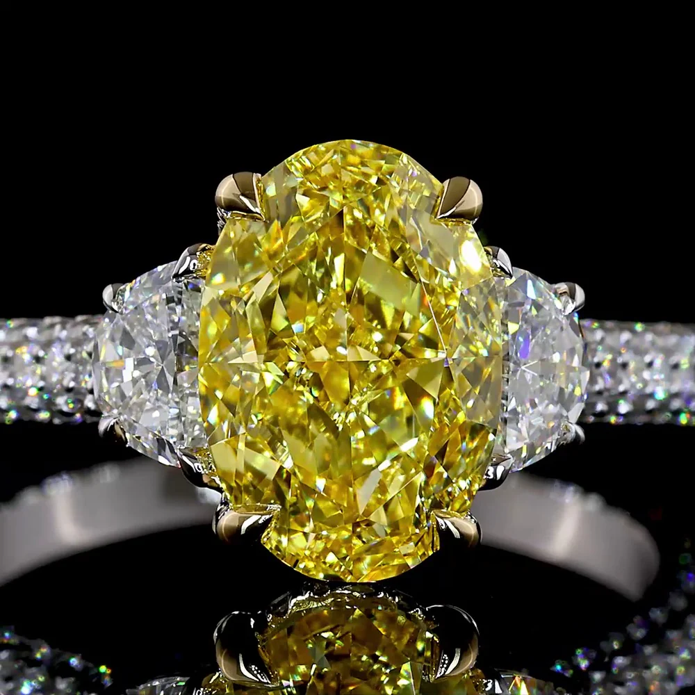 14K Two Tone Hidden Halo Ring with 2.51 Carat Oval Fancy Vivid Yellow Lab Diamond and Half-Moon Accent Diamonds - 3.63 Carat Total Weight - Covaloro Fine Jewelry - Image 2