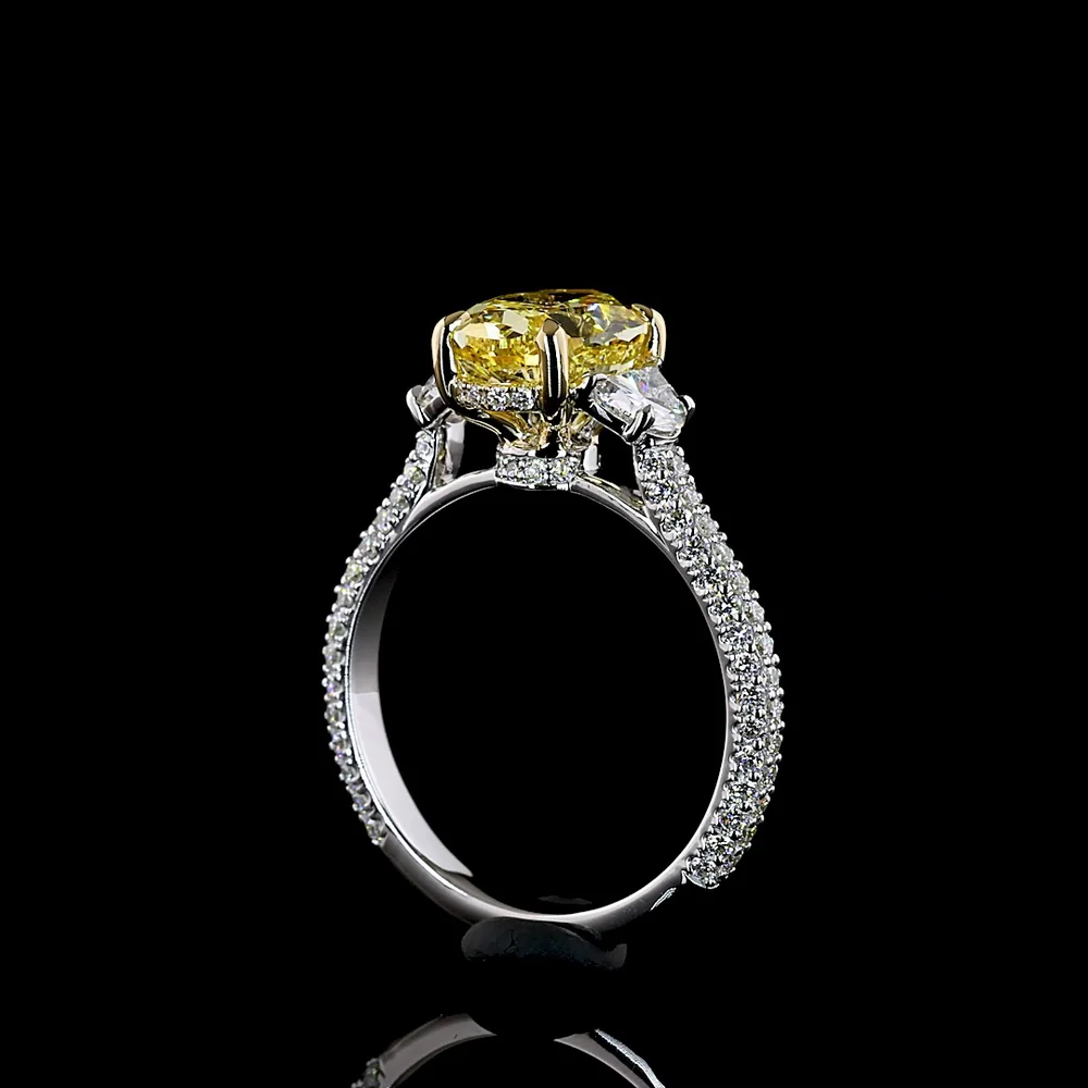 14K Two Tone Hidden Halo Ring with 2.51 Carat Oval Fancy Vivid Yellow Lab Diamond and Half-Moon Accent Diamonds - 3.63 Carat Total Weight - Covaloro Fine Jewelry - Image 3
