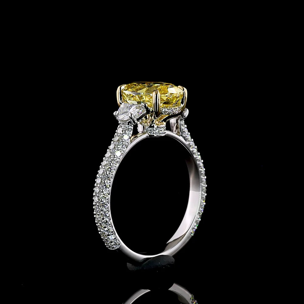 14K Two Tone Hidden Halo Ring with 2.51 Carat Oval Fancy Vivid Yellow Lab Diamond and Half-Moon Accent Diamonds - 3.63 Carat Total Weight - Covaloro Fine Jewelry - Image 4