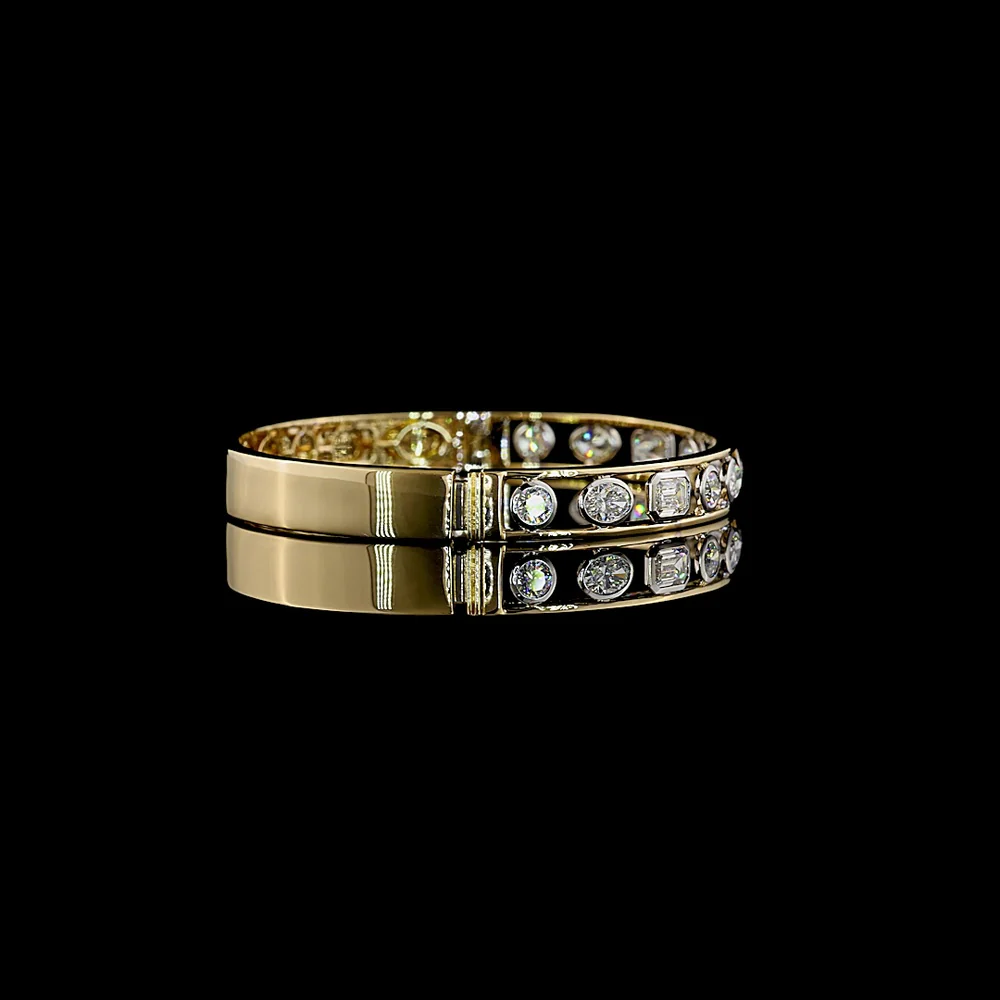 14K Two Tone Mixed Shape Bangle Bracelet with Bezel Set Oval, Emerald, Pear, and Round Lab Diamonds - 2.64 Carat Total Weight - Covaloro Fine Jewelry - Image 3