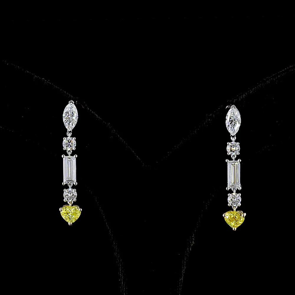 14K Two Tone Mixed Shape Drop Earrings with Marquise, Baguette, and Heart-Cut Lab Diamonds - 3.86 Carats Total Diamond Weight - Covaloro Fine Jewelry