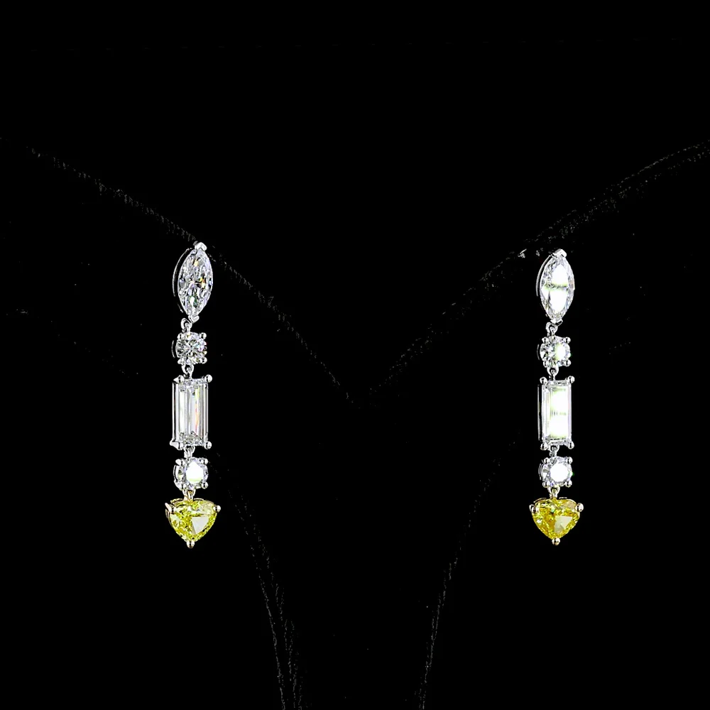 14K Two Tone Mixed Shape Drop Earrings with Marquise, Baguette, and Heart-Cut Lab Diamonds - 3.86 Carats Total Diamond Weight - Covaloro Fine Jewelry - Image 3