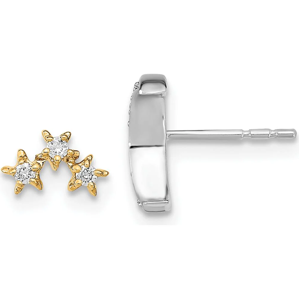 14K Two-Tone Moon and 3 Stars Diamond Mis-match Post Earrings - 0.015 Carat Total Diamond Weight by Monteluci Fine Jewelry - Image 2