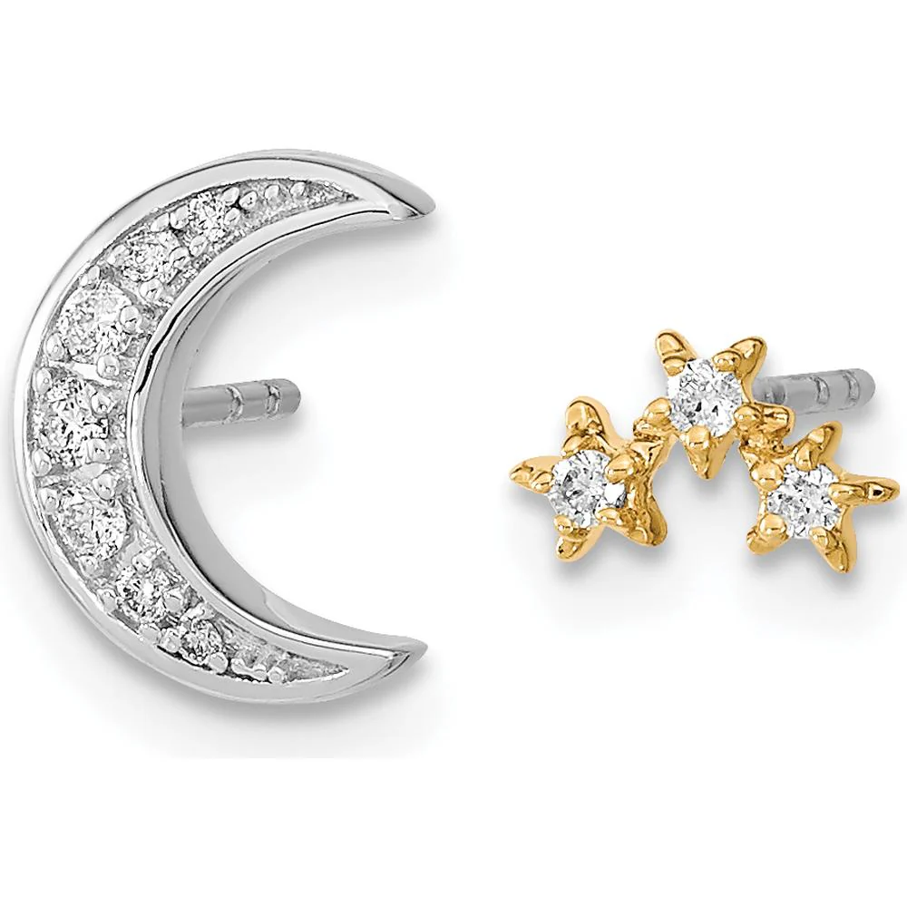 14K Two-Tone Moon and 3 Stars Diamond Mis-match Post Earrings - 0.015 Carat Total Diamond Weight by Monteluci Fine Jewelry - Image 3