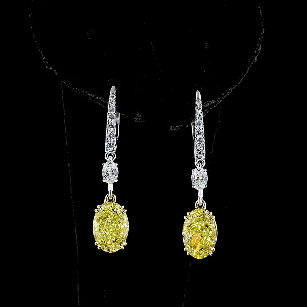14K Two Tone Oval Cut Fancy Vivid Yellow & White Lab Diamond Hanging Earrings - 5.59 Carat Total Diamond Weight - Covaloro Fine Jewelry