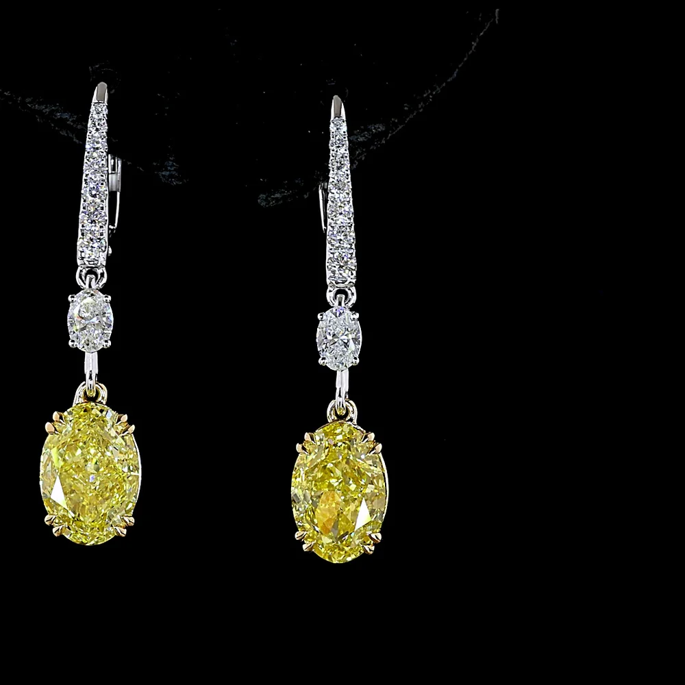 14K Two Tone Oval Cut Fancy Vivid Yellow & White Lab Diamond Hanging Earrings - 5.59 Carat Total Diamond Weight - Covaloro Fine Jewelry - Image 2