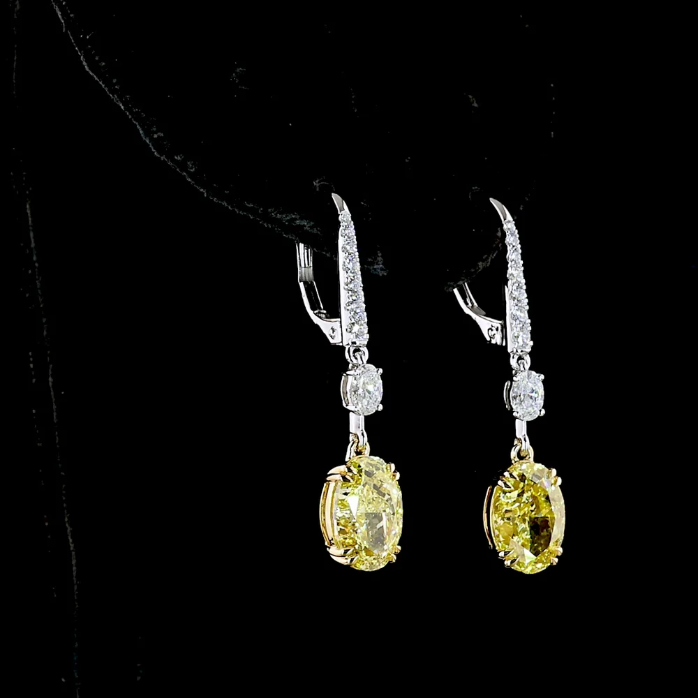 14K Two Tone Oval Cut Fancy Vivid Yellow & White Lab Diamond Hanging Earrings - 5.59 Carat Total Diamond Weight - Covaloro Fine Jewelry - Image 3