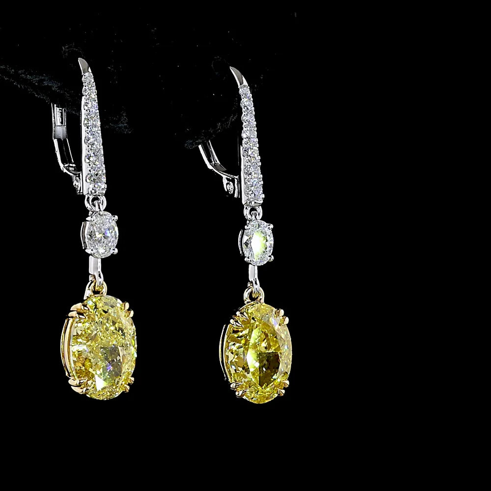 14K Two Tone Oval Cut Fancy Vivid Yellow & White Lab Diamond Hanging Earrings - 5.59 Carat Total Diamond Weight - Covaloro Fine Jewelry - Image 4