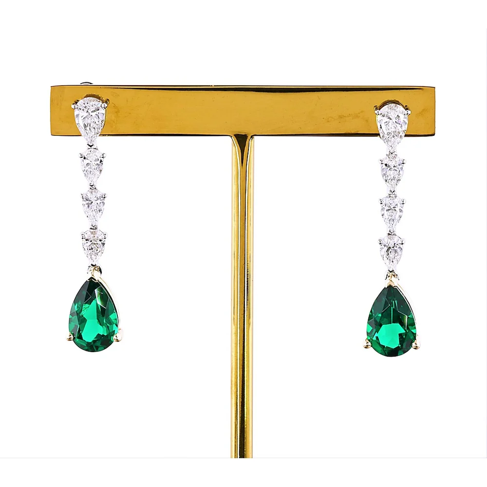 14K Two Tone Pear Shape Drop Earrings with Lab-Grown Green Emerald and VS Clarity Diamonds - 4.29 Total Carat Weight - Covaloro Fine Jewelry