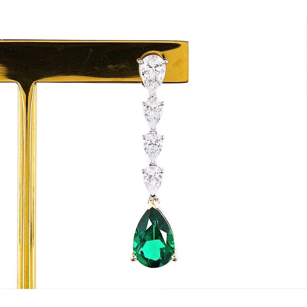 14K Two Tone Pear Shape Drop Earrings with Lab-Grown Green Emerald and VS Clarity Diamonds - 4.29 Total Carat Weight - Covaloro Fine Jewelry - Image 2