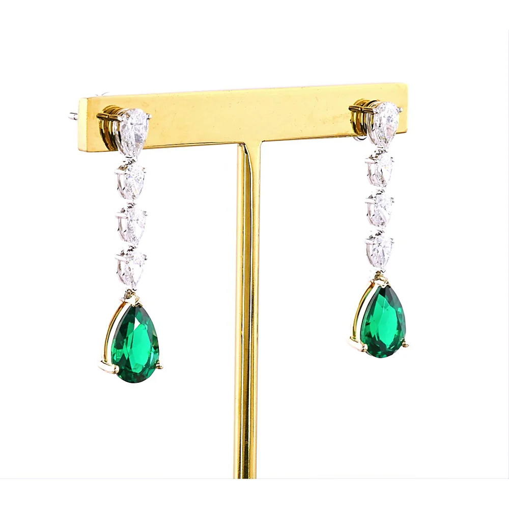 14K Two Tone Pear Shape Drop Earrings with Lab-Grown Green Emerald and VS Clarity Diamonds - 4.29 Total Carat Weight - Covaloro Fine Jewelry - Image 3