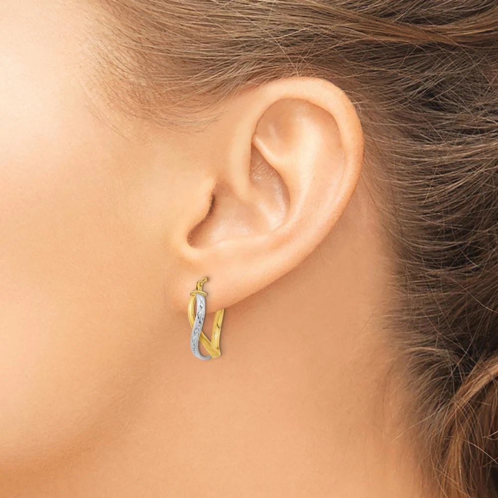 14K Two-Tone Polished and Diamond-Cut Hoop Earrings - 20.6mm Length, 5.55mm Thickness by Oro Pregiato - Image 3