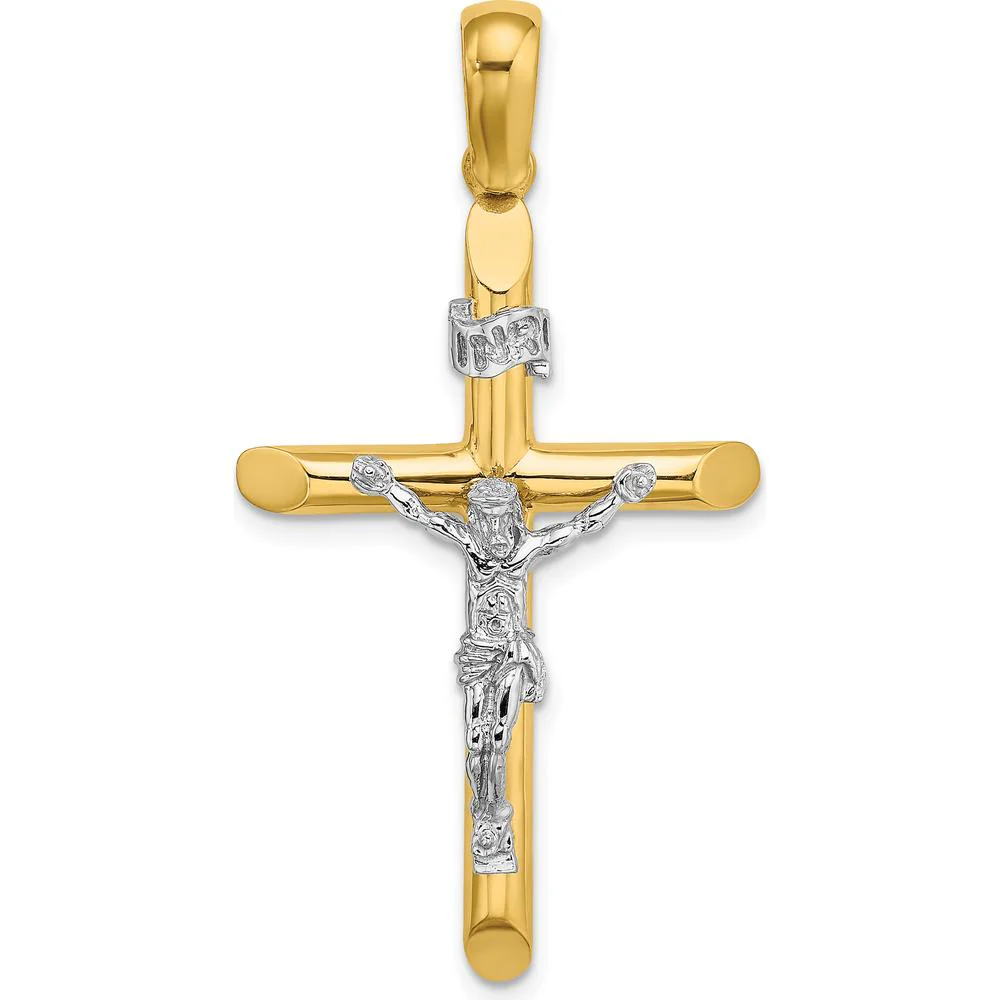 14K Two-Tone Polished Crucifix Pendant with Rhodium Accents by Oro Pregiato