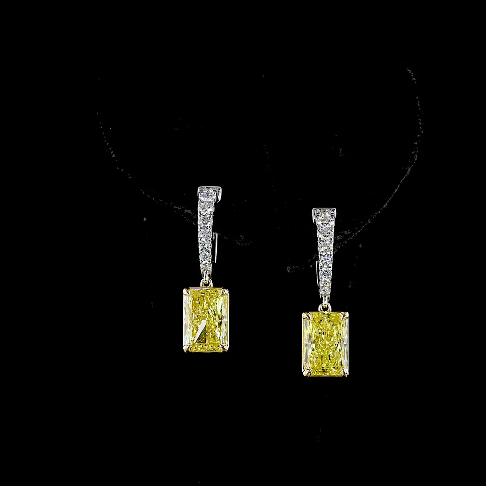 14K Two Tone Radiant Cut Hanging Earrings with Fancy Vivid Yellow Lab Diamonds & White Diamond Pavé Bails - 4.56 Carats Total Diamond Weight - Covaloro Fine Jewelry