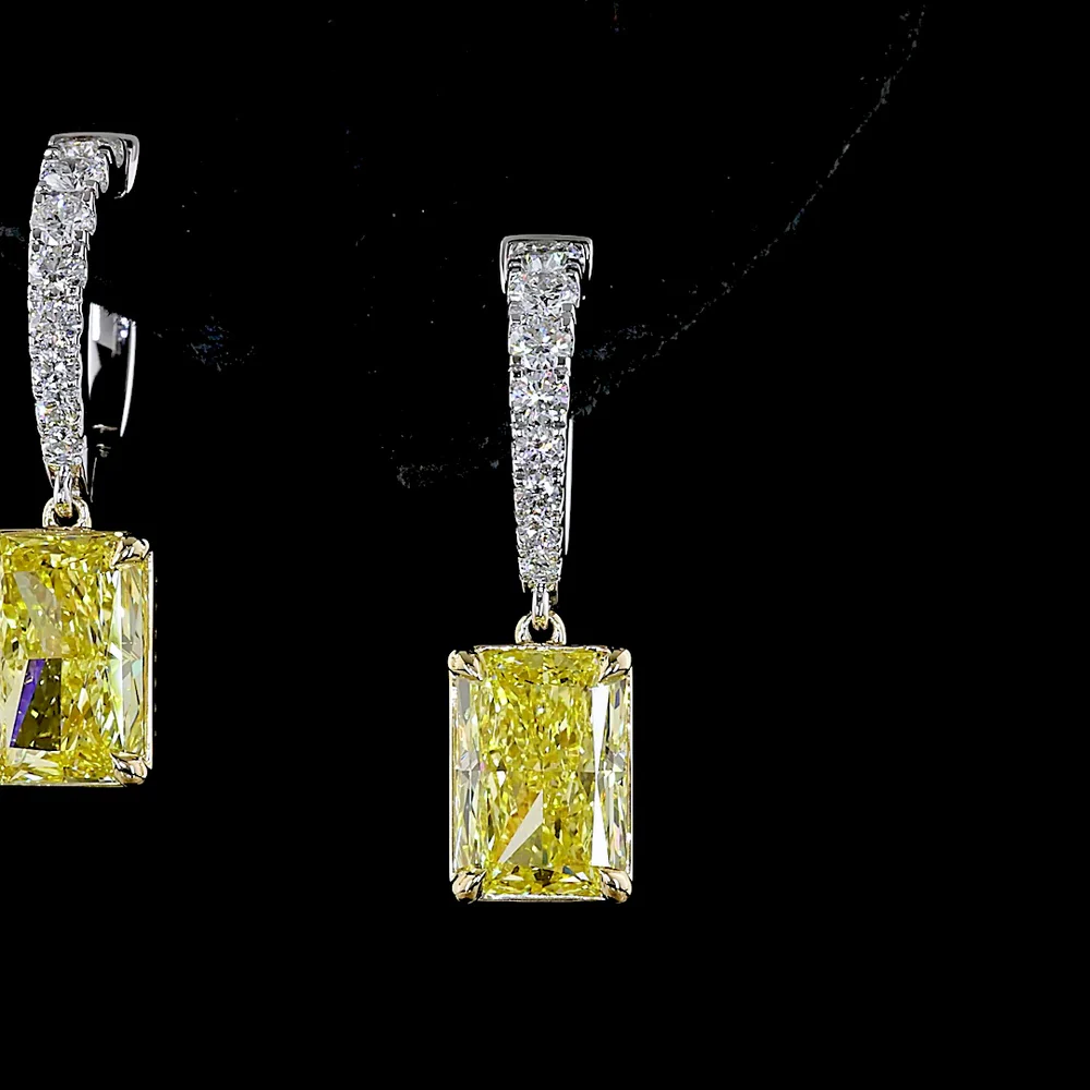 14K Two Tone Radiant Cut Hanging Earrings with Fancy Vivid Yellow Lab Diamonds & White Diamond Pavé Bails - 4.56 Carats Total Diamond Weight - Covaloro Fine Jewelry - Image 2