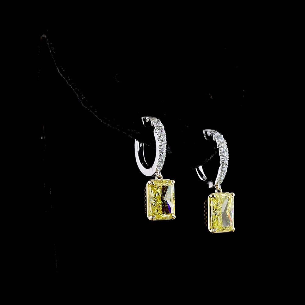 14K Two Tone Radiant Cut Hanging Earrings with Fancy Vivid Yellow Lab Diamonds & White Diamond Pavé Bails - 4.56 Carats Total Diamond Weight - Covaloro Fine Jewelry - Image 3