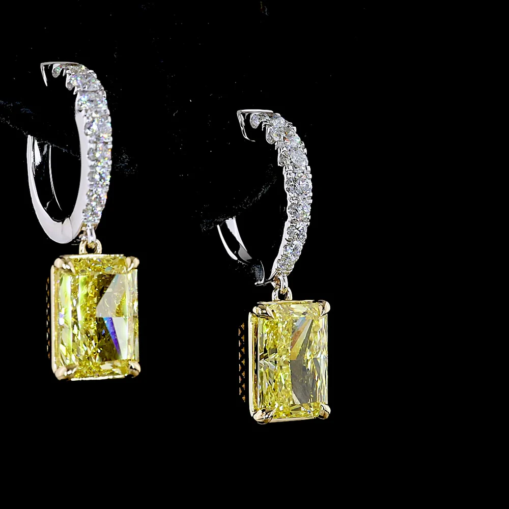 14K Two Tone Radiant Cut Hanging Earrings with Fancy Vivid Yellow Lab Diamonds & White Diamond Pavé Bails - 4.56 Carats Total Diamond Weight - Covaloro Fine Jewelry - Image 4