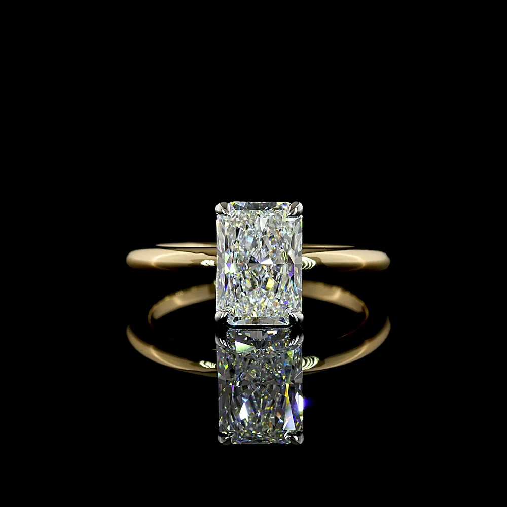 14K Two Tone Radiant Cut Solitaire Ring with Lab Grown E-F VVS2 Diamond - 2.12 Carat Total Weight, IGI Certified - Covaloro Fine Jewelry