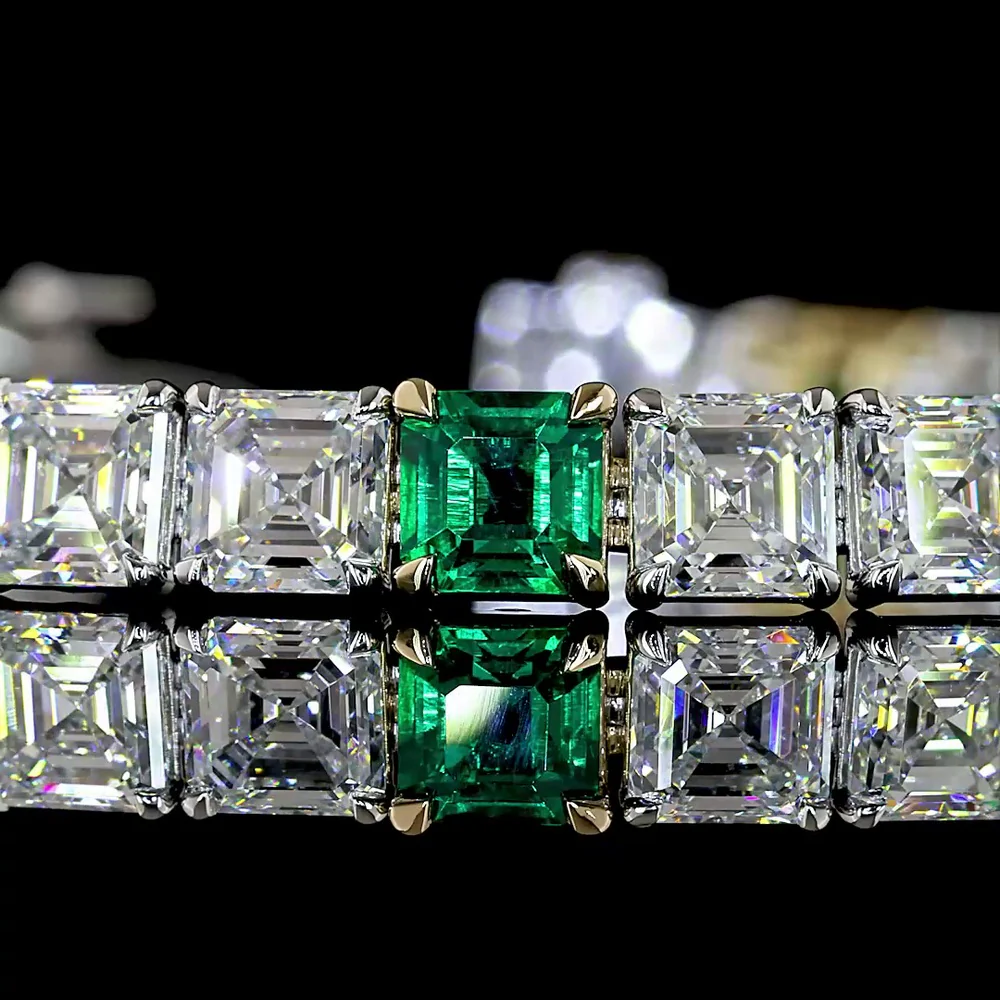 14K Two Tone Tennis Bracelet with Alternating Asscher Cut Lab Diamonds and Emeralds - 12.96 Carat Total Weight - Covaloro Fine Jewelry - Image 2