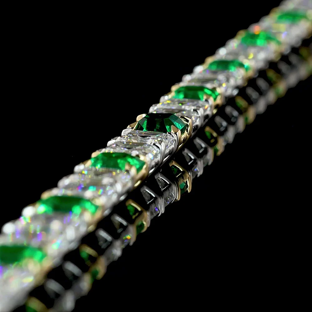 14K Two Tone Tennis Bracelet with Alternating Asscher Cut Lab Diamonds and Emeralds - 12.96 Carat Total Weight - Covaloro Fine Jewelry - Image 3