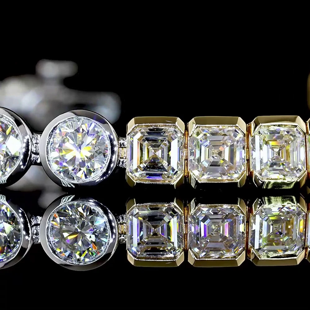 14K Two Tone Tennis Bracelet with Half Bezel Set Asscher Cut Lab Diamonds - 10.83 Carat Total Weight - Covaloro Fine Jewelry - Image 2