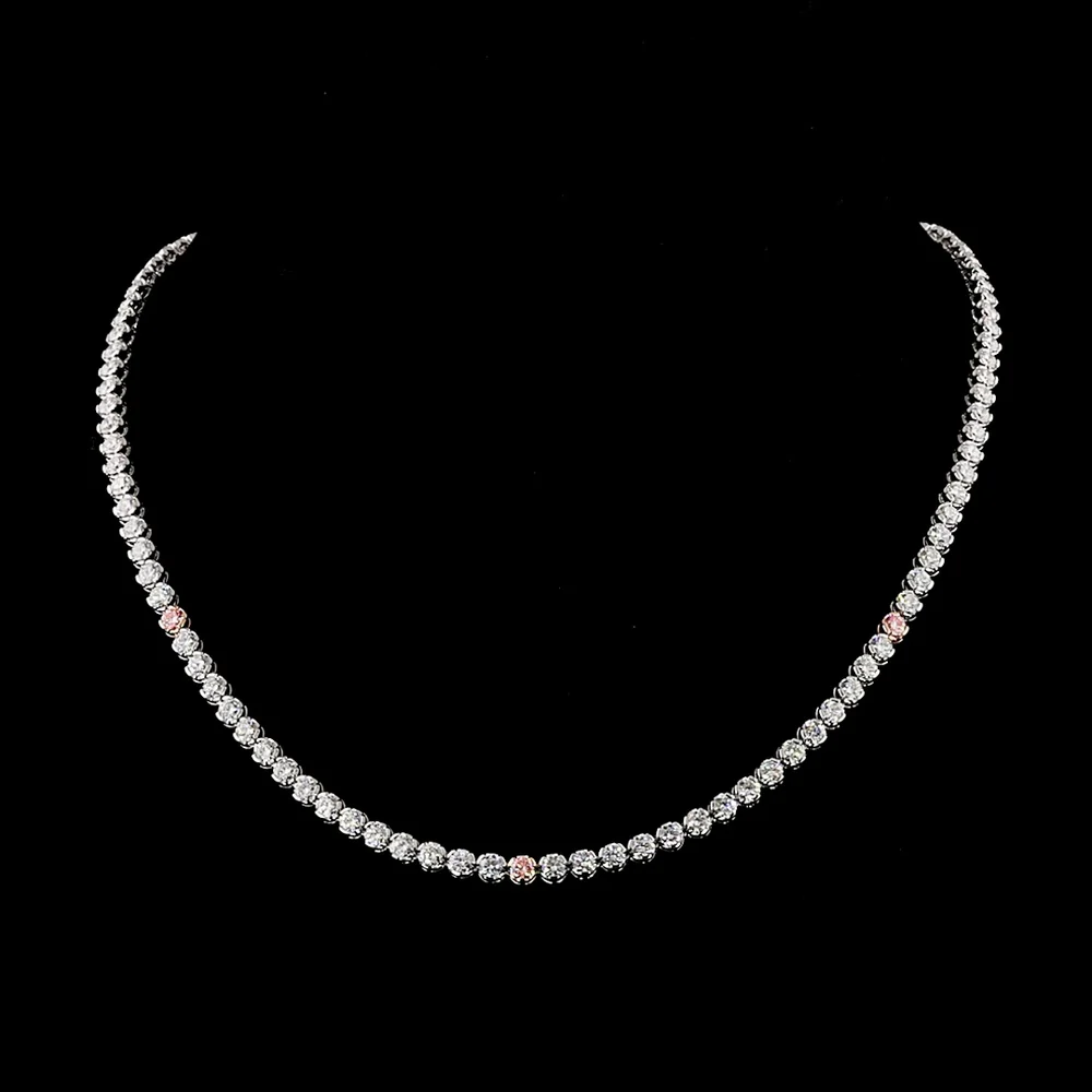 14K Two Tone Tennis Necklace featuring Round Fancy Vivid Pink Lab Diamonds and White Diamonds - 10.73 Carat Total Weight - Covaloro Fine Jewelry
