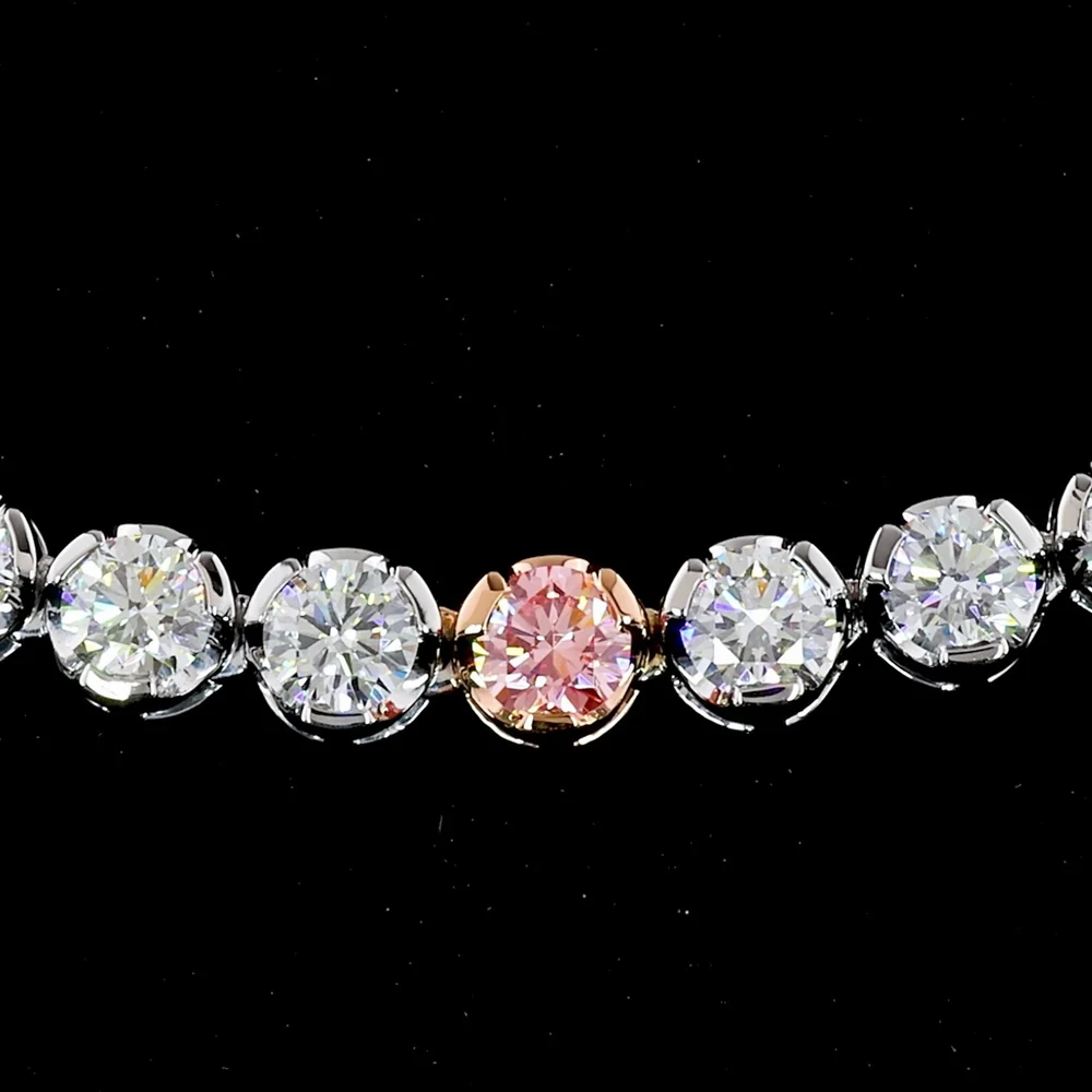 14K Two Tone Tennis Necklace featuring Round Fancy Vivid Pink Lab Diamonds and White Diamonds - 10.73 Carat Total Weight - Covaloro Fine Jewelry - Image 3