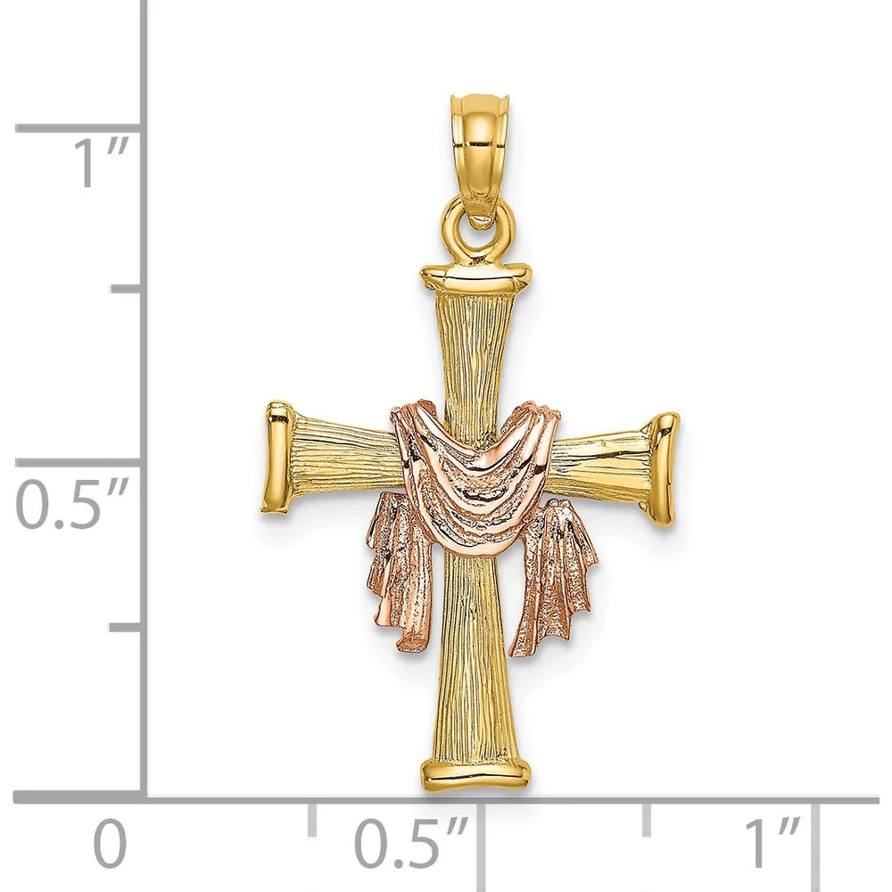 14K Two-Tone Textured Finish Cross Pendant with Draped Charm by Oro Pregiato - Image 2