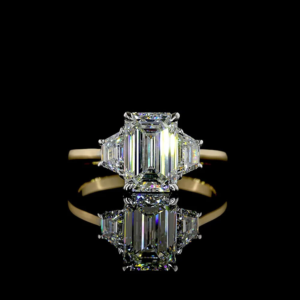 14K Two Tone Three Stone Ring with 2.04 Carat Emerald Cut Lab Diamond and Trapezoid Side Stones - 2.65 Total Carat Weight - Covaloro Fine Jewelry