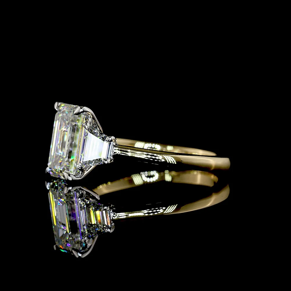 14K Two Tone Three Stone Ring with 2.04 Carat Emerald Cut Lab Diamond and Trapezoid Side Stones - 2.65 Total Carat Weight - Covaloro Fine Jewelry - Image 3