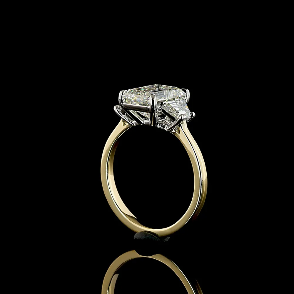 14K Two Tone Three Stone Ring with 3.05 Carat Emerald Cut Lab Diamond and 0.71 Carat Trapezoid Side Stones - 3.76 Carat Total Diamond Weight, IGI Certified E VVS2 - Covaloro Fine Jewelry - Image 3