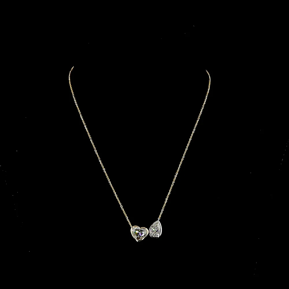 14K Two Tone Toi et Moi Pendant with 3.16 Carat Heart Shape Lab Diamond and 2.03 Carat Pear Shape Lab Diamond in Bezel Settings - 5.19 Carats Total Diamond Weight - Covaloro Fine Jewelry