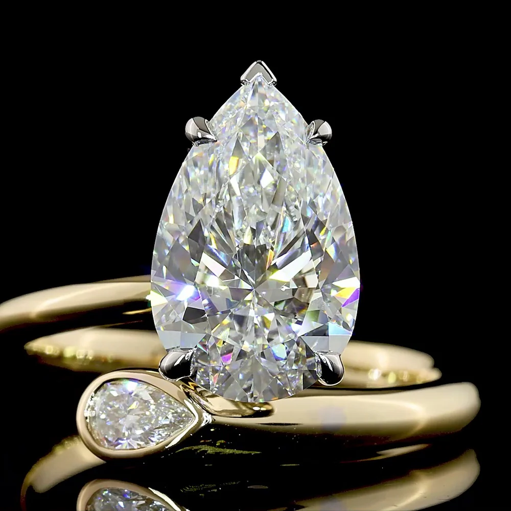 14K Two Tone Toi et Moi Ring with 2.48 Carats Lab Grown Pear Shape Diamonds in Bezel and Prong Settings - Covaloro Fine Jewelry - Image 2