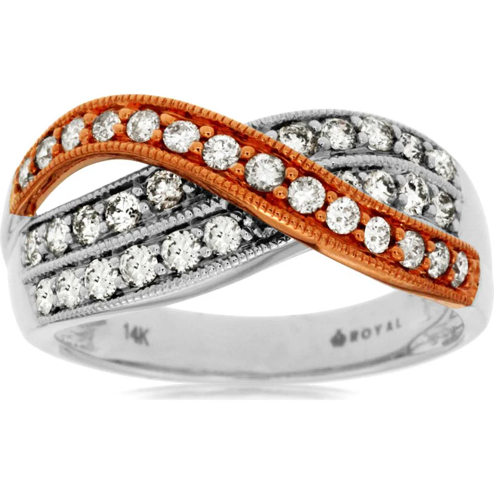 14K Two Tone White & Rose Gold Crossover Ring with Pave Set Round Diamonds - 0.75 Carat Total Diamond Weight - Royal Jewelry