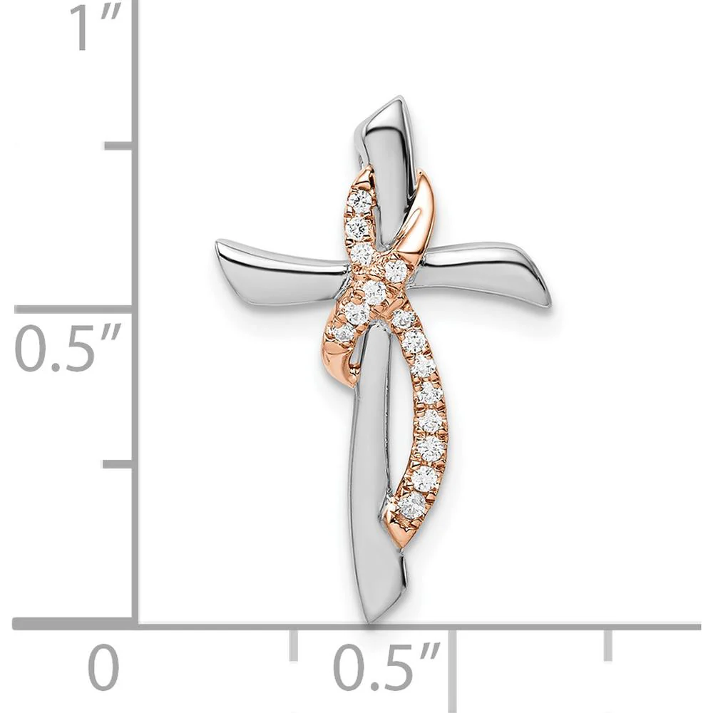 14K Two-Tone White and Rose Gold Diamond Cross Pendant with Ribbon Slide - 1/15 Carat Total Diamond Weight by Oro Pregiato - Image 3