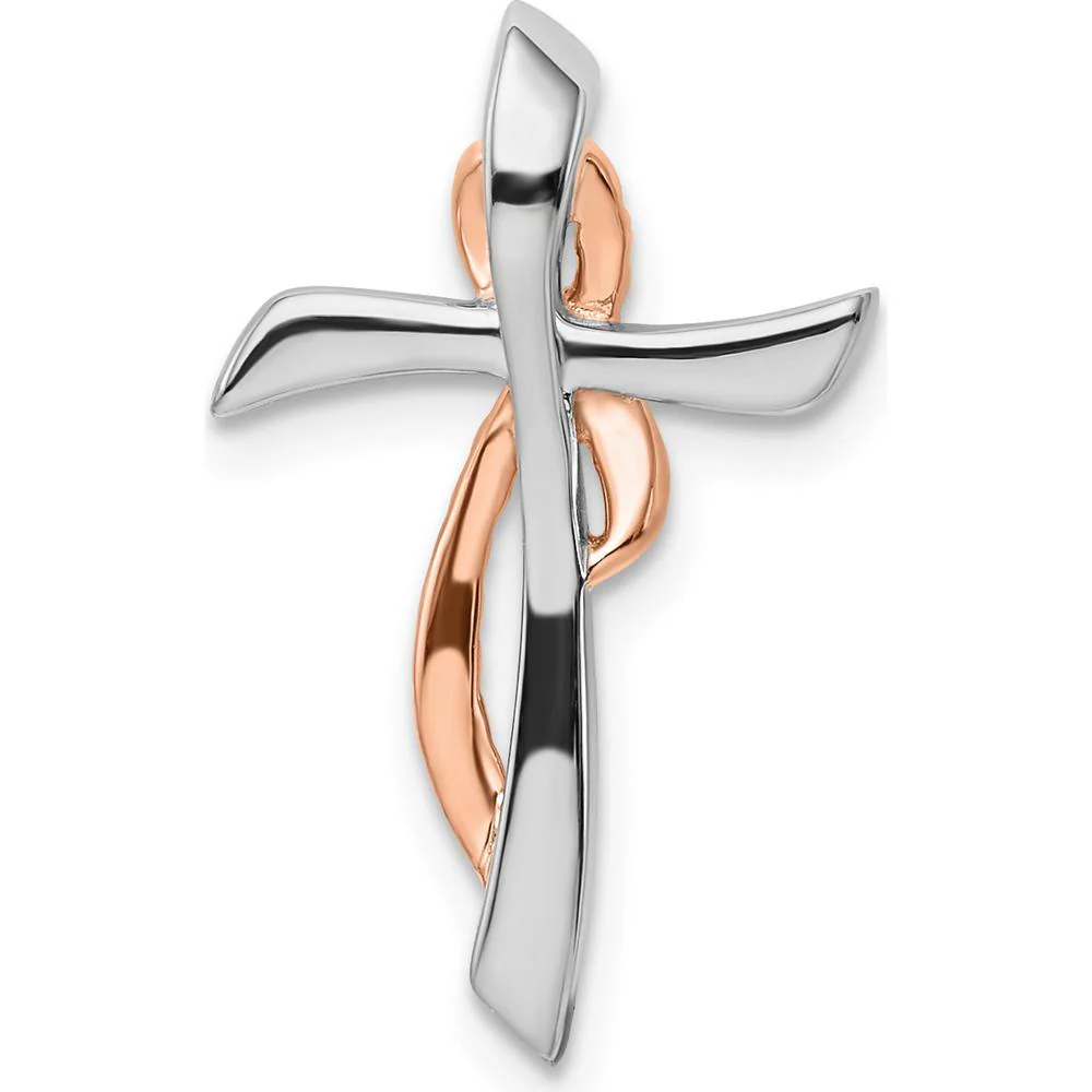 14K Two-Tone White and Rose Gold Diamond Cross Pendant with Ribbon Slide - 1/15 Carat Total Diamond Weight by Oro Pregiato - Image 4