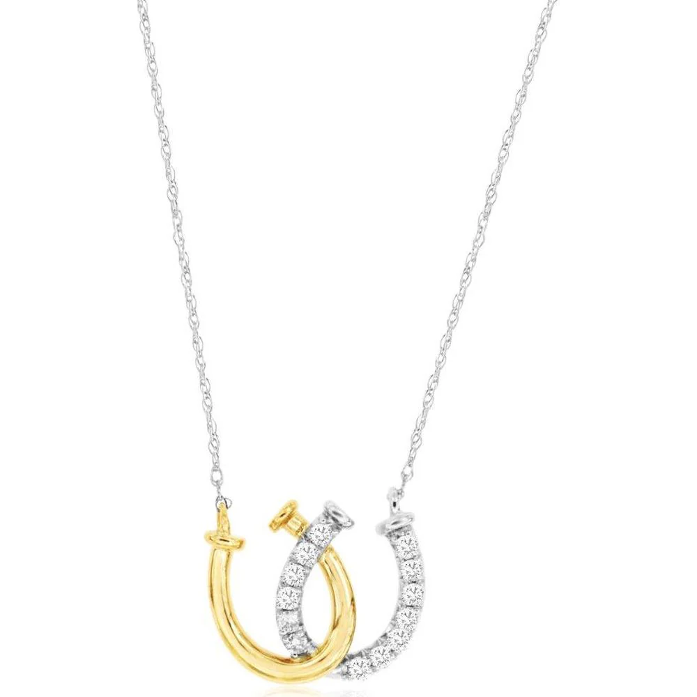 14K Two Tone White and Yellow Gold Diamond Horseshoe Pendant Necklace - 0.15 Carat Total Diamond Weight - Royal Jewelry