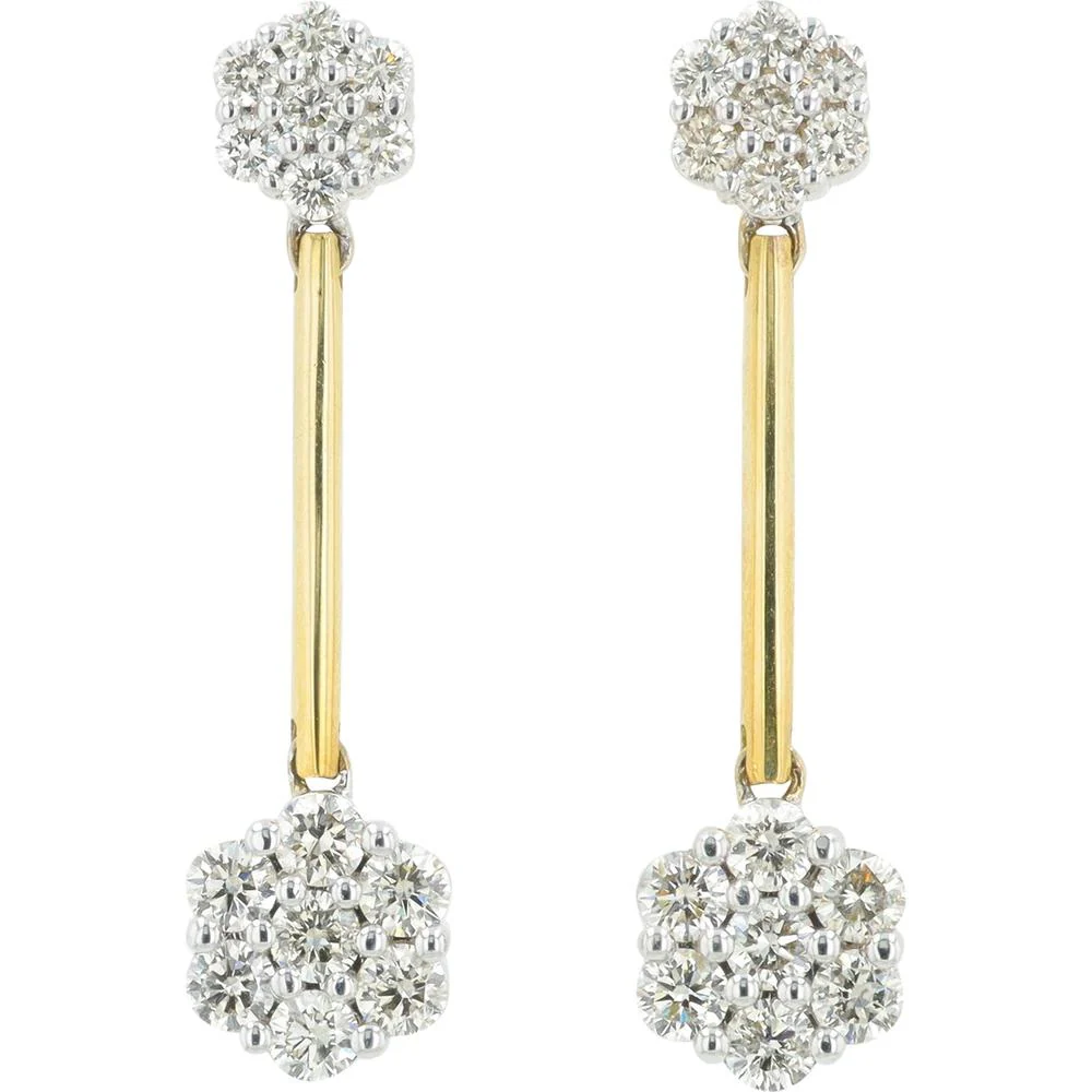 14K Two-Tone Yellow and White Gold Drop Earrings with 1.25 Carat Total Diamond Weight Floral Clusters