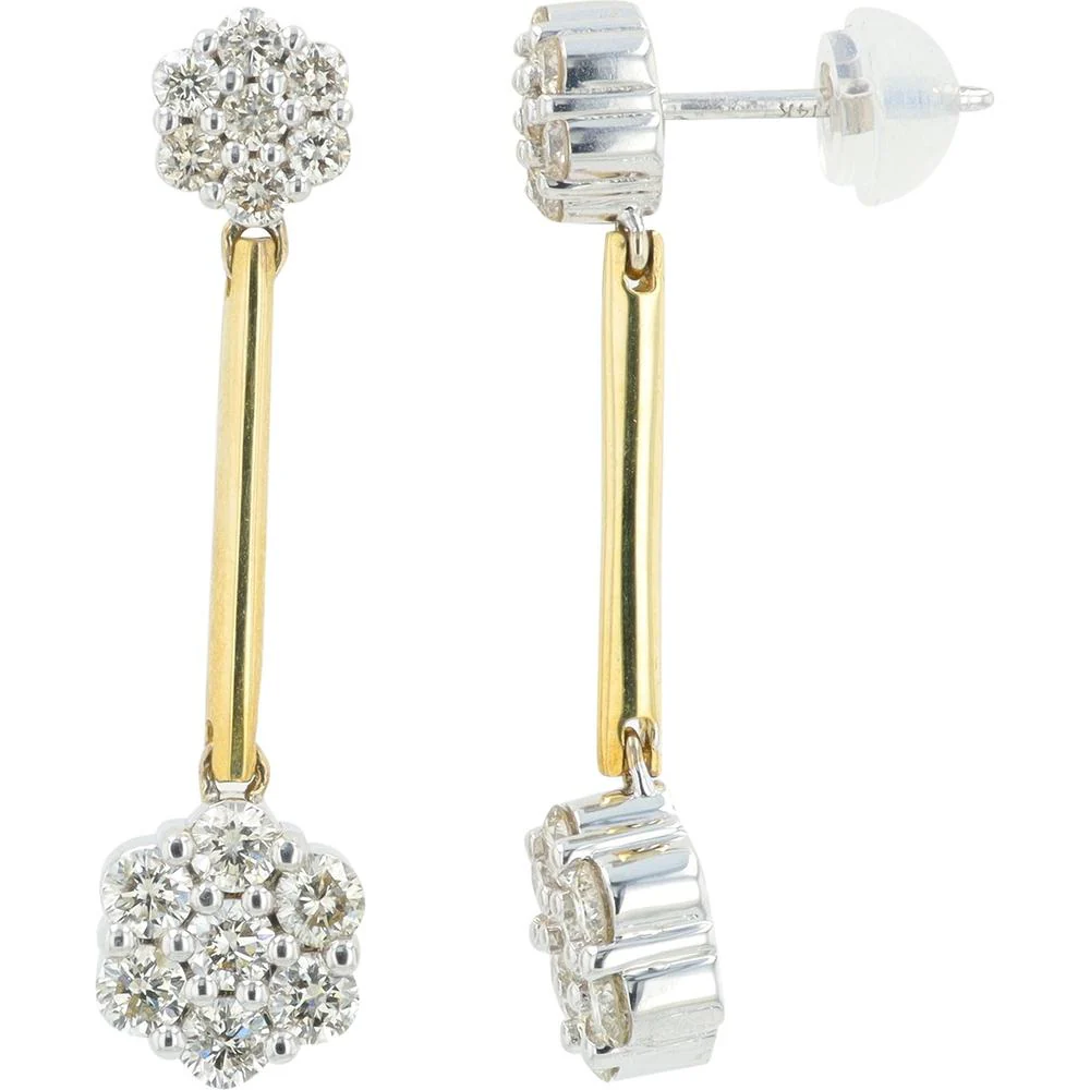 14K Two-Tone Yellow and White Gold Drop Earrings with 1.25 Carat Total Diamond Weight Floral Clusters - Image 2