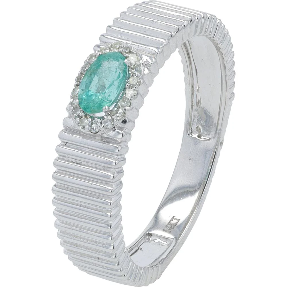 14K White Gold 0.25 Carat Oval Emerald Ring with 0.06 Carat Diamond Halo