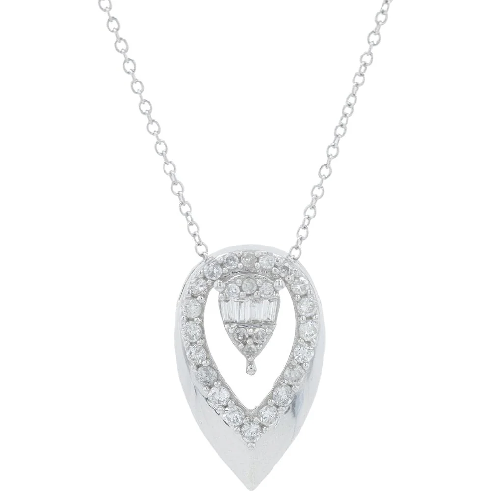 14K White Gold 0.30 Carat Diamond Pear - Shaped Pendant Necklace with Baguette and Round Diamonds