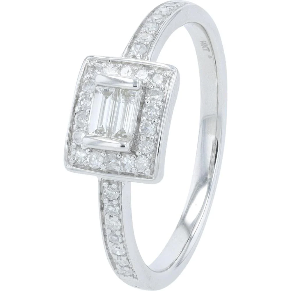14K White Gold 0.30 Carat Double Baguette Diamond Halo Ring with Pave Set Diamond Band