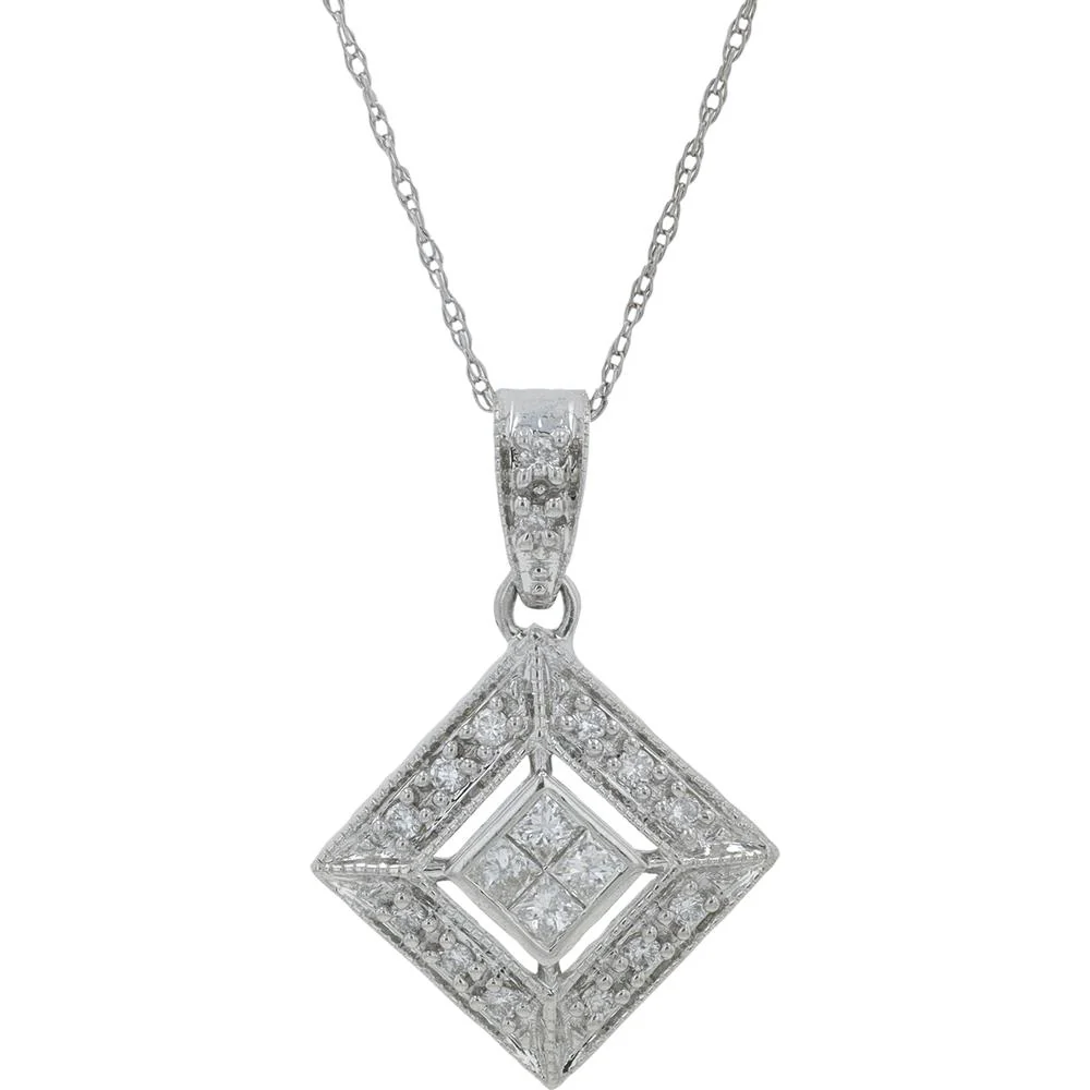14K White Gold 0.35 Carat Total Diamond Pendant with Princess Cut and Halo Detailing