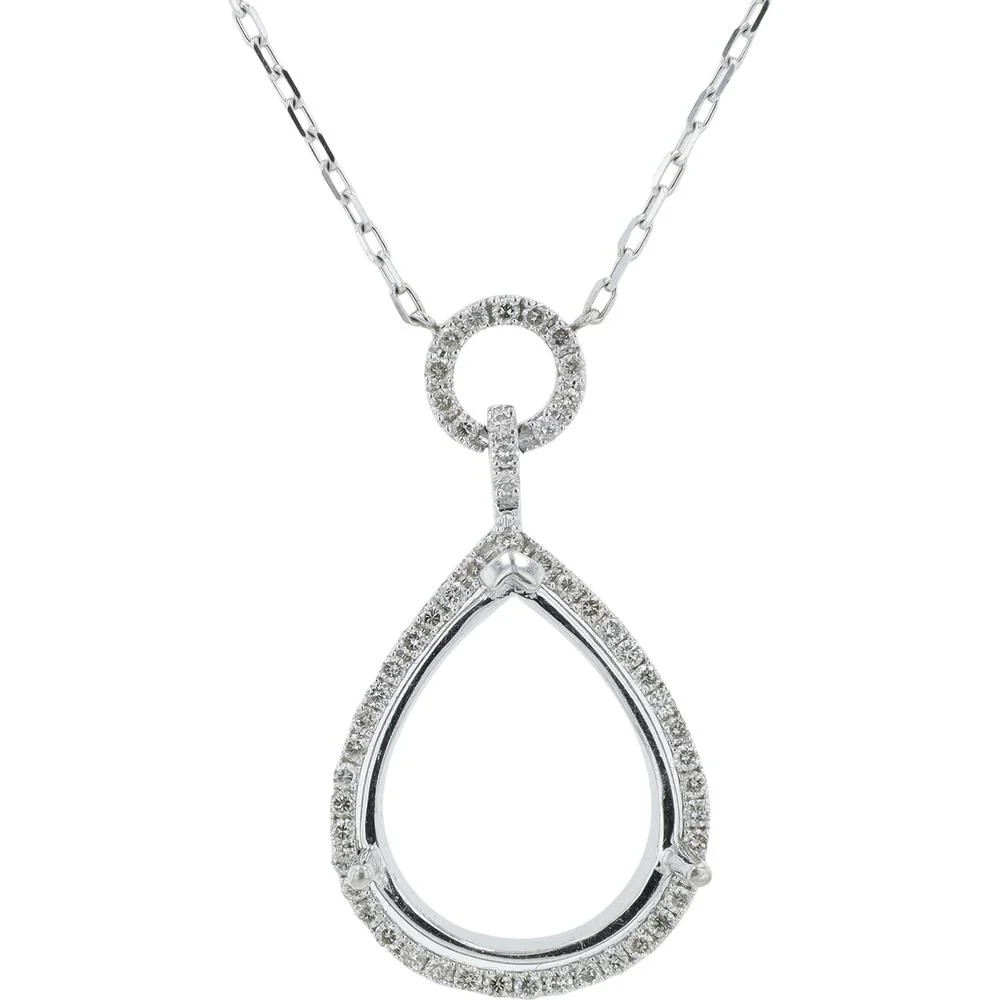 14K White Gold 0.40 Carat Diamond Semi - Mount Teardrop Pendant with Halo Detailing