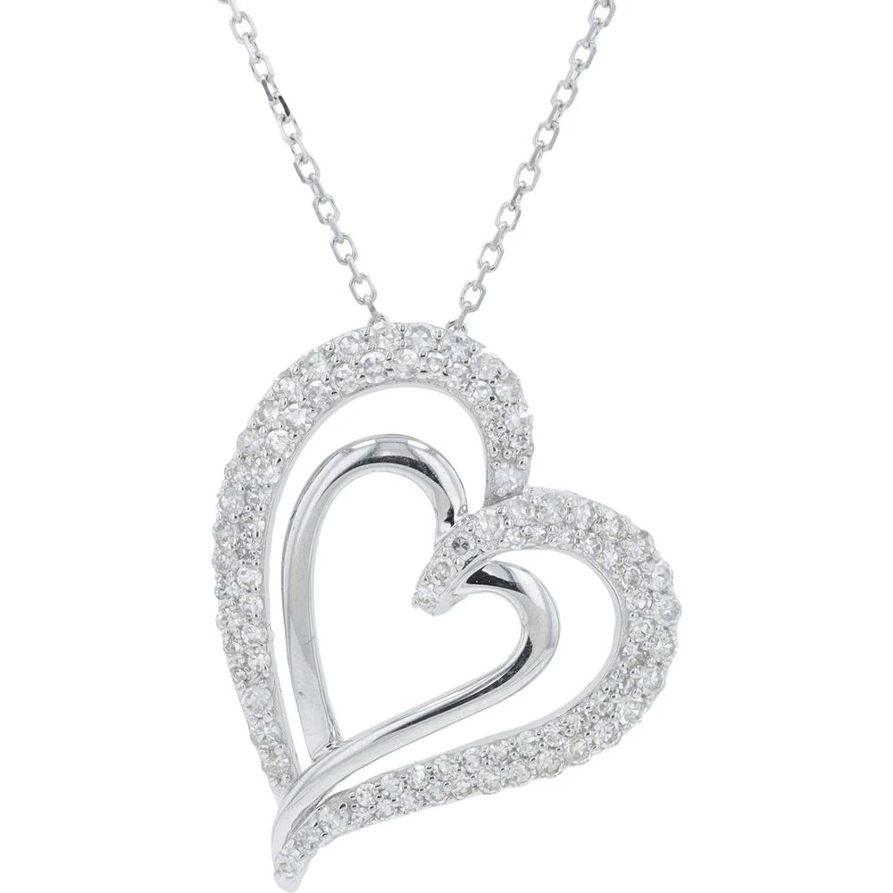14K White Gold 0.50 Carat Diamond Pave Open Heart Pendant Necklace