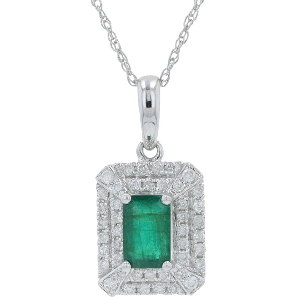 14K White Gold 0.50 Carat Emerald Necklace with 0.20 Carat Diamond Halo