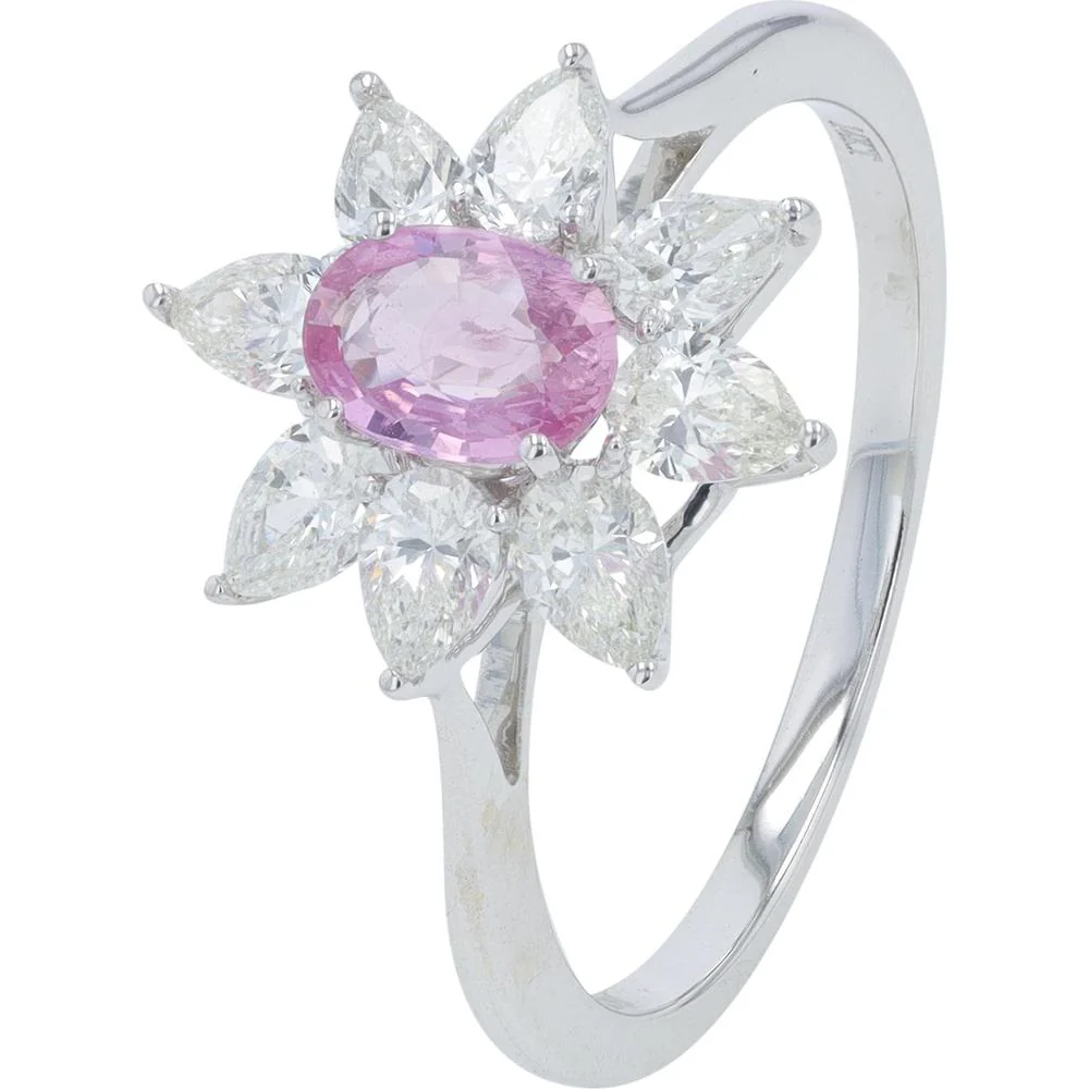 14K White Gold 0.50 Carat Pink Sapphire Flower Ring with 0.90 Carat Diamond Halo