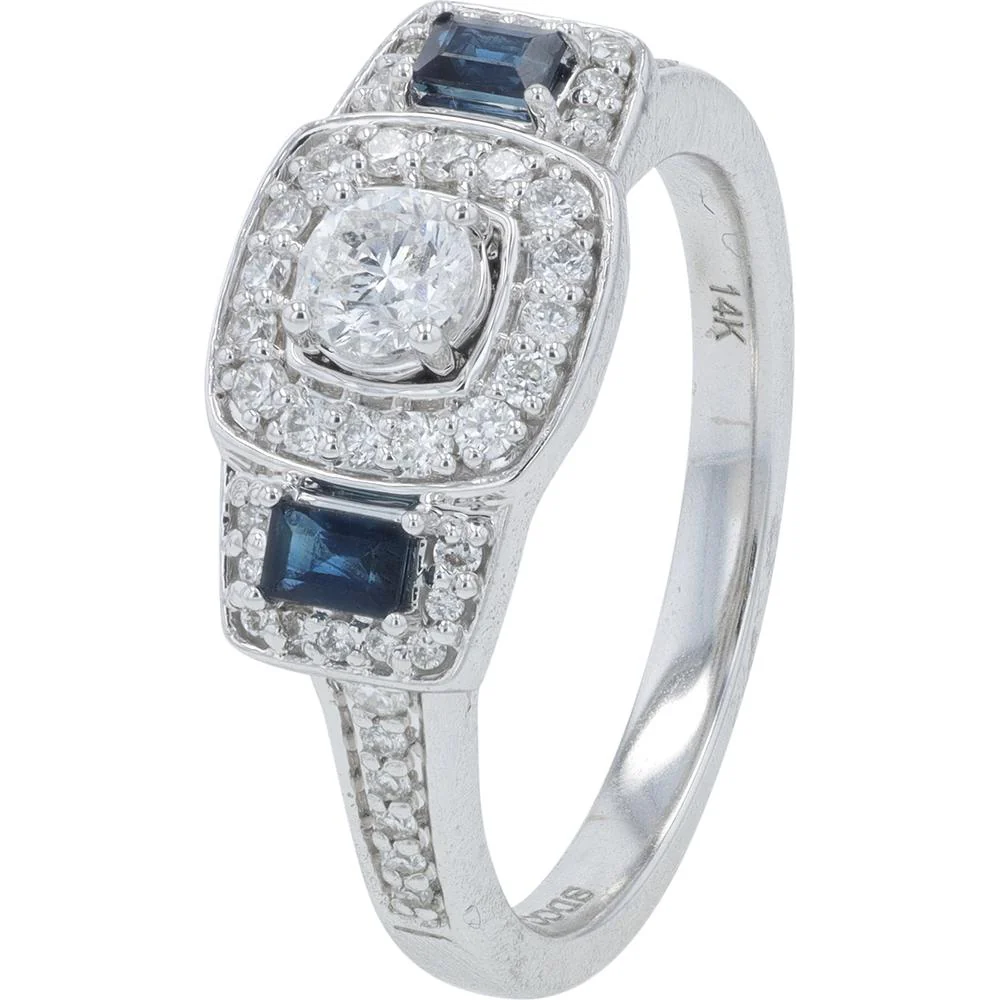 14K White Gold 0.50 Carat Round Diamond Engagement Ring with Halo and Sapphire Accents - 0.33 Carat Total Sapphire Weight