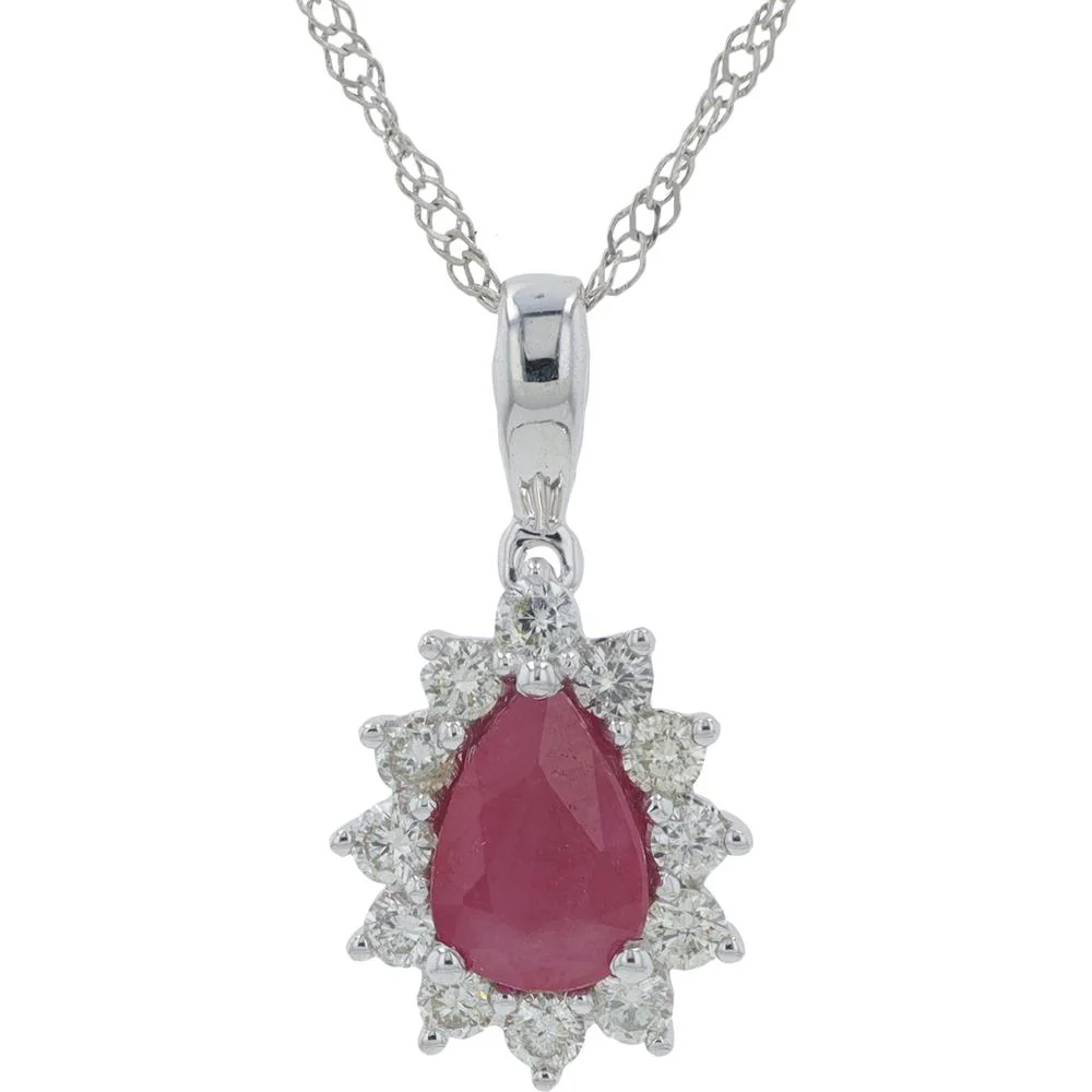 14K White Gold 0.50 Carat Ruby Pendant with Diamond Halo - 0.20 Carat Total Diamond Weight