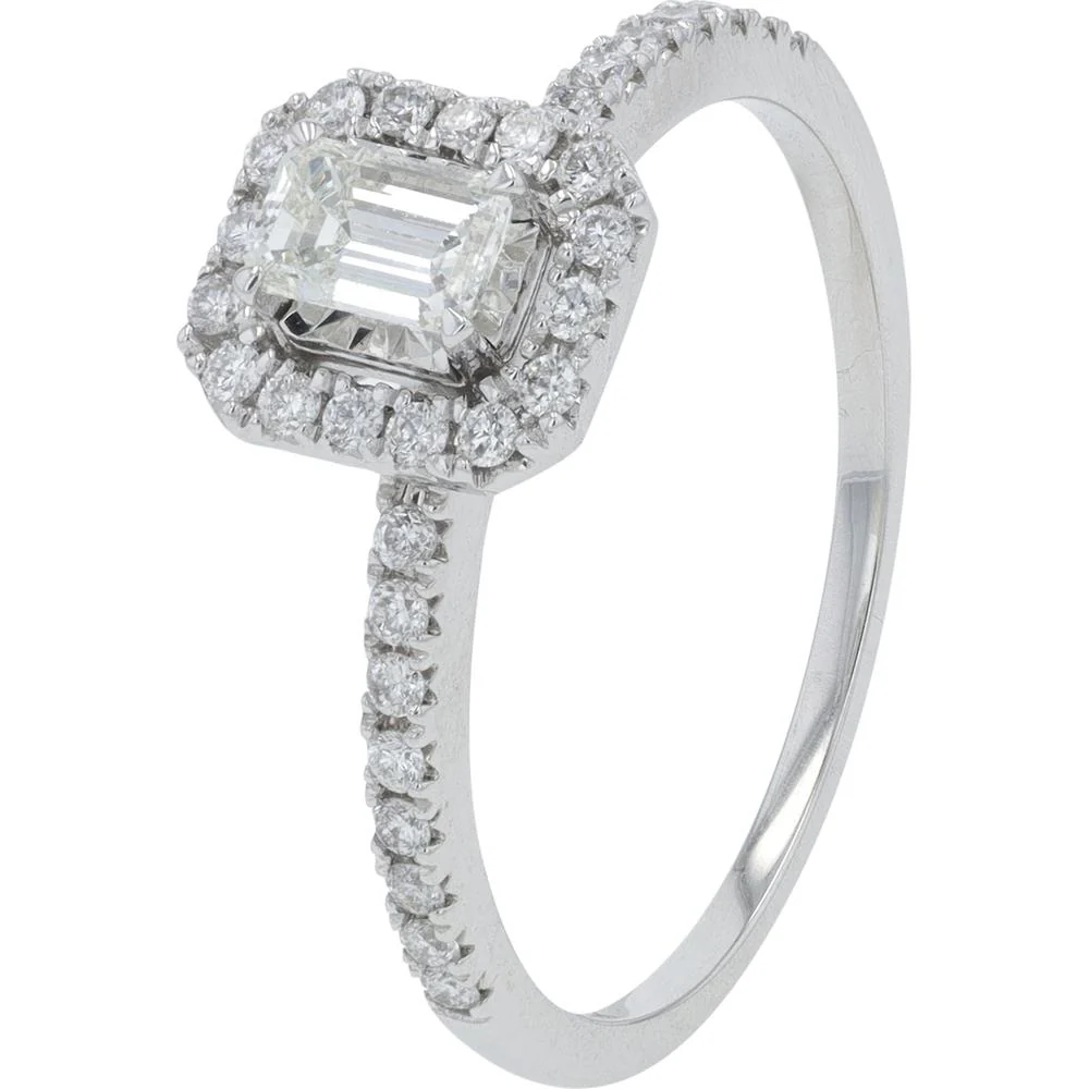 14K White Gold 0.50 Carat Total Weight Diamond Ring with 0.25 Carat Emerald Cut and Halo of Round Diamonds